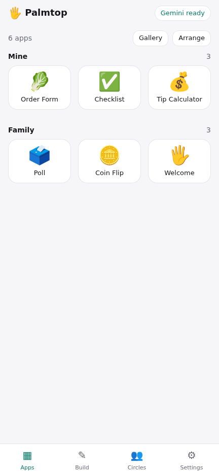 Palmtop's home grid on a phone, in the light theme: little apps in groups