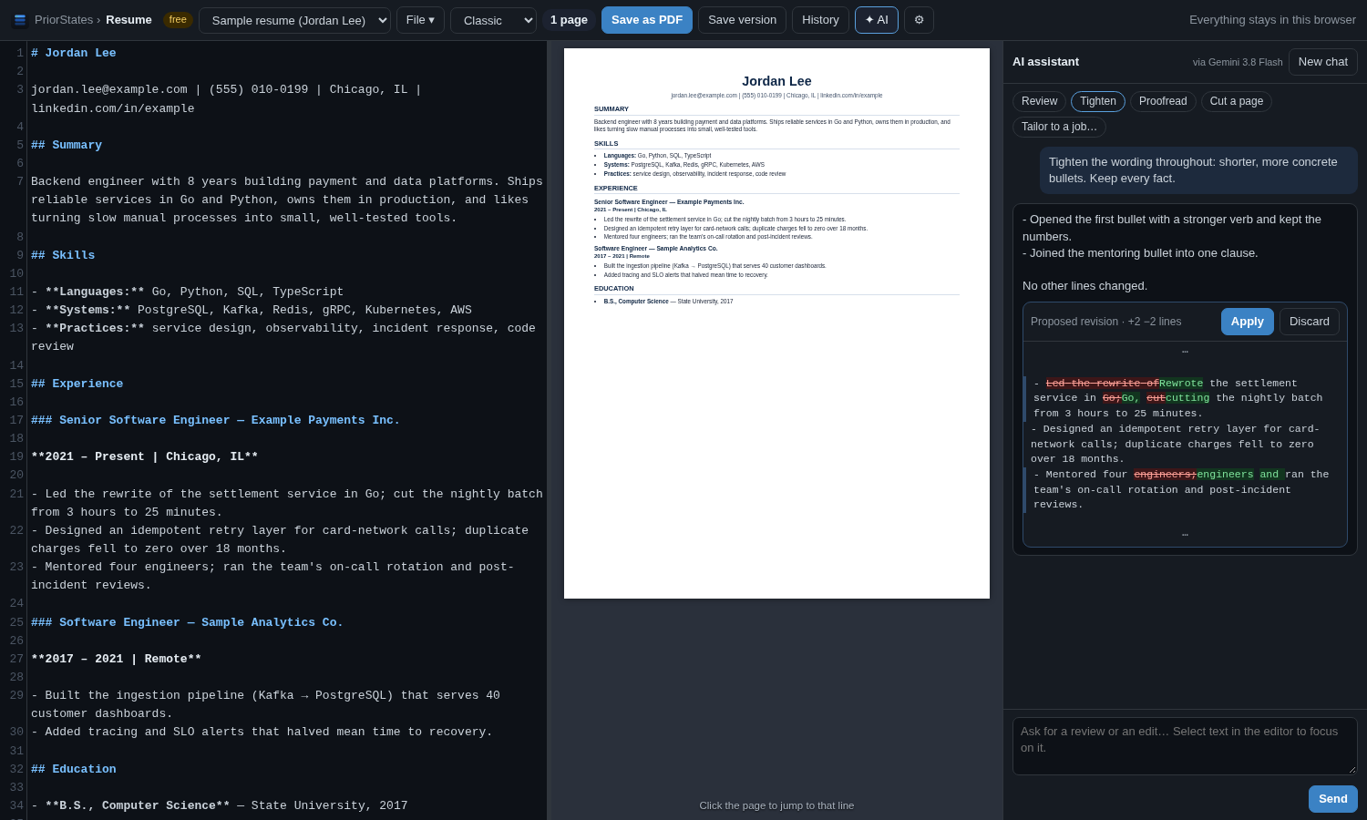 PriorStates Resume Writer: markdown on the left, the paginated resume in the middle, the AI assistant proposing an edit as a diff on the right